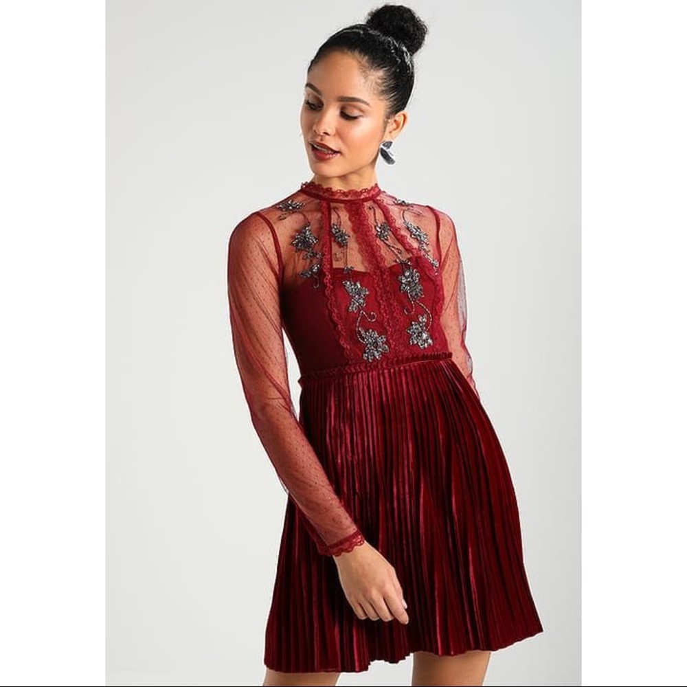Free People Ariel Pleated Red Velvet Mini Dress